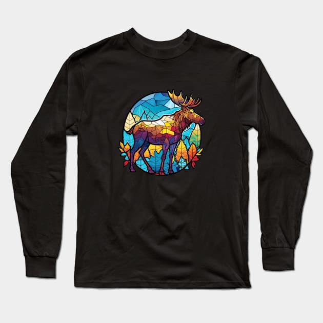 Moose Animal Portrait Stained Glass Wildlife Outdoors Adventure Long Sleeve T-Shirt by Cubebox